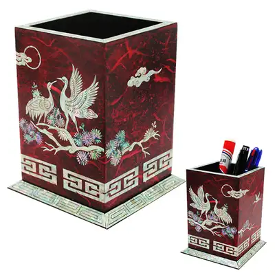 Mother-of-Pearl Lacquerware Pencil Holder - Pine and Crane Hanji Red