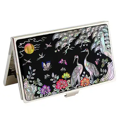 Mother-of-Pearl Inlay Lacquer Business Card Case with Peony and Crane Design