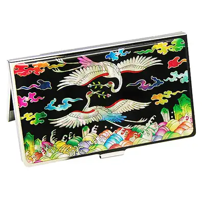 Mother-of-Pearl Inlaid Lacquerware Business Card Case with Crane Insignia Black