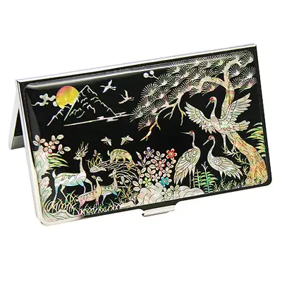 Inlaid Mother-of-Pearl Lacquer Business Card Case with Deer and Crane