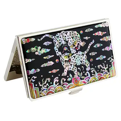 Mother-of-Pearl Lacquered Business Card Case with Twin Tigers Chest Emblem