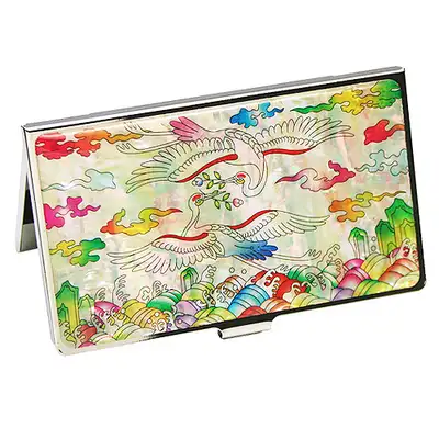 Inlaid Mother-of-Pearl Lacquerware Business Card Case - Cranes and Sun Pattern White