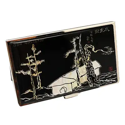 Lacquerware Business Card Case with Mother-of-Pearl, Three Gentlemen in Winter, Black
