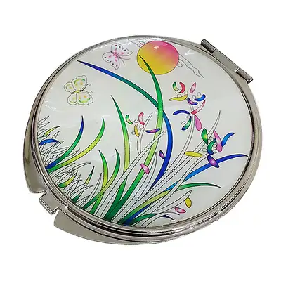 Mother-of-Pearl Hand Mirror with Orchid and Crane Design