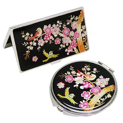 Shell Mother-of-Pearl Mirror & Namecard Case 2-Piece Set - Plum Blossom