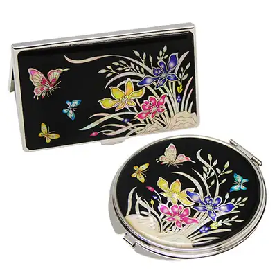 Mother-of-Pearl Mirror and Business Card Case Set (2-Piece) Orchid Design