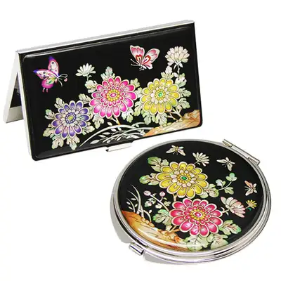 Shell Inlay Mirror and Business Card Case Set of 2 - Chrysanthemum