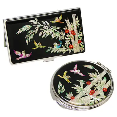 Natural Mother-of-Pearl Mirror & Business Card Case Set with Bamboo Pattern