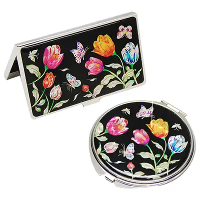 Mother-of-Pearl Mirror and Business Card Case Set (2-Piece) - Tulip