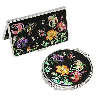 Mother-of-Pearl Mirror Business Card Case Set 2-Piece Lily Black