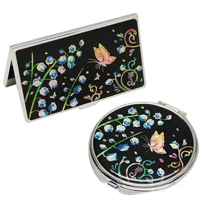 Mother-of-Pearl Mirror & Business Card Case Set - 2 pieces - Bellflower
