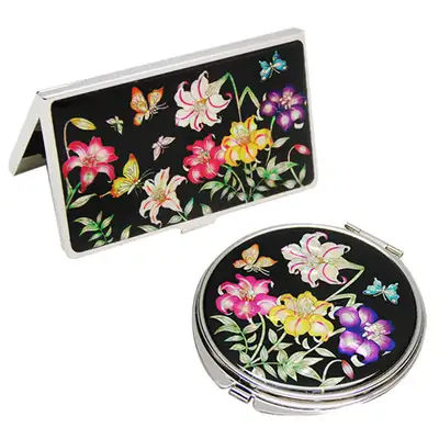 Mother-of-Pearl Mirror & Business Card Case Set 2-Piece Lily Black