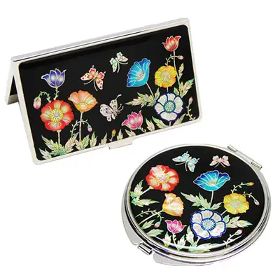 Natural Mother-of-Pearl Mirror & Business Card Case Set - Poppy Black