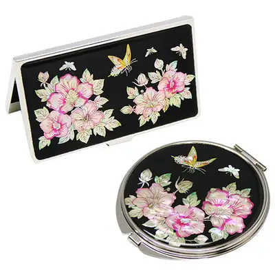 Mother-of-Pearl Mirror and Business Card Case Set of 2 - Rose of Sharon