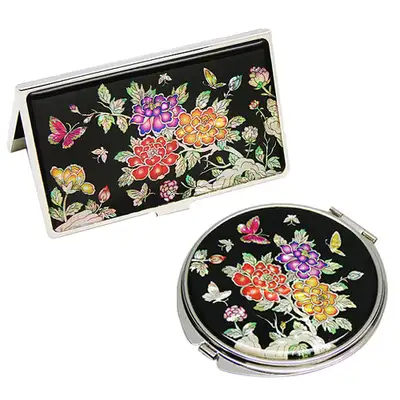 Abalone Mirror and Business Card Case Set - Peony Flower 2-Piece
