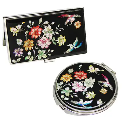 Mother-of-Pearl Mirror & Business Card Case Set - Cherry Blossom Black (2-Piece)