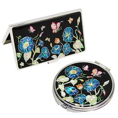 Mother-of-Pearl Mirror & Business Card Case Set - Morning Glory