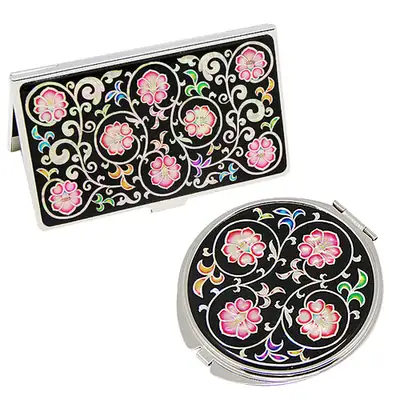 Mother-of-Pearl Hand Mirror and Business Card Case Set 2-in-1 Traditional Arabesque Flower