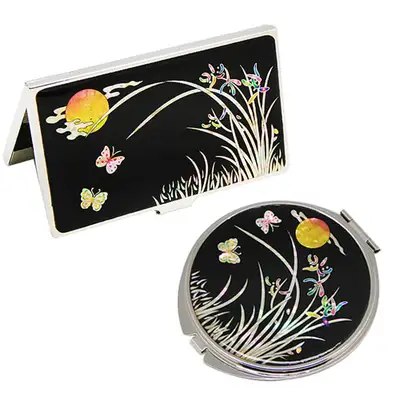 Mother-of-Pearl Mirror and Business Card Case Set 2-Piece Orchid Black