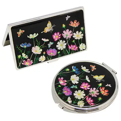Mother-of-Pearl Mirror and Business Card Case Set, 2-Piece Cosmos Black