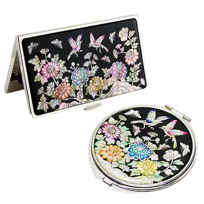 Mother-of-Pearl Mirror and Business Card Case Set - Floral and Bird Design