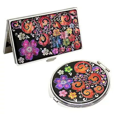 Mother-of-Pearl Mirror and Business Card Case Set 2 Pieces - Scrolling Plum Blossoms Black
