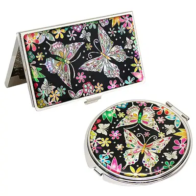 Natural Mother-of-Pearl Mirror and Business Card Case Set 2-Piece Flower Butterfly 1 Black