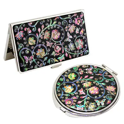 Mother-of-Pearl Mirror and Business Card Case Set - Vine Flower 2-Piece