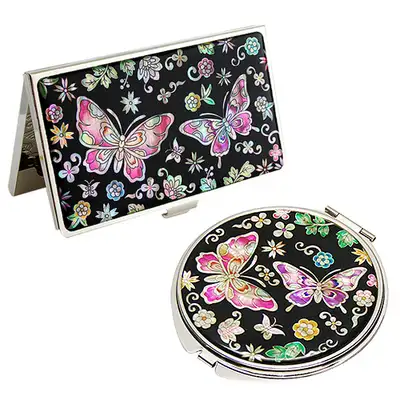 Mother-of-Pearl Mirror and Business Card Case Set 2 Pieces Flower Butterfly 2