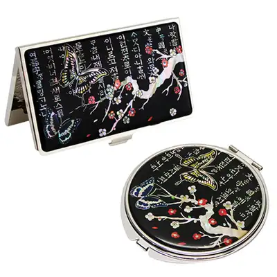 Natural Mother-of-Pearl Mirror and Business Card Case Set 2-Piece Plum Butterfly 1 Black