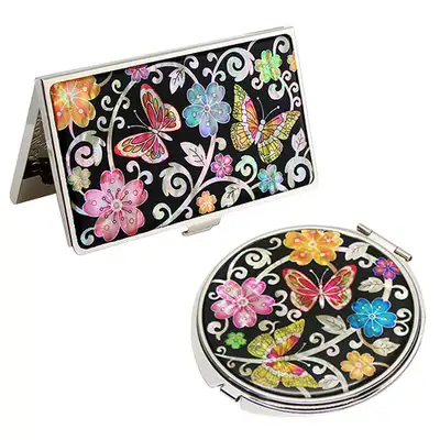 Mother-of-Pearl Mirror and Business Card Case 2-Piece Set - Plum Butterfly 2 Black