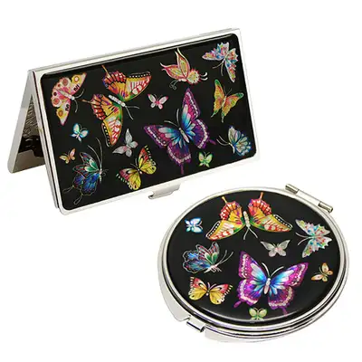 Natural Mother-of-Pearl Mirror & Business Card Case Set - Colored Butterfly Black