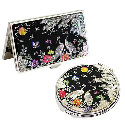 Shell Inlay Mirror and Business Card Case Set, 2 Types - Peony and Crane