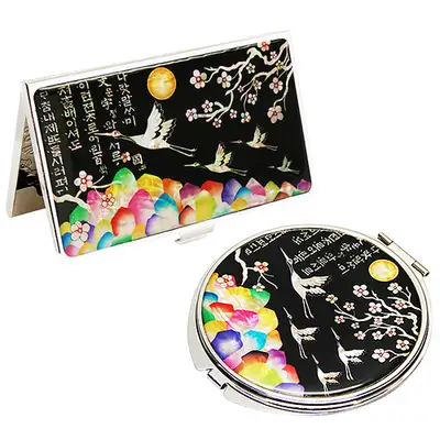 Mother-of-Pearl Hand Mirror and Business Card Case 2-Piece Set - Plum Blossom and Crane Black