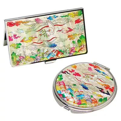 Mother-of-Pearl Mirror & Business Card Case Set - Crane and Pine Motif White