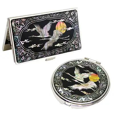 Mother-of-Pearl Mirror & Business Card Case Set (2 Pieces) - Cloud Crane