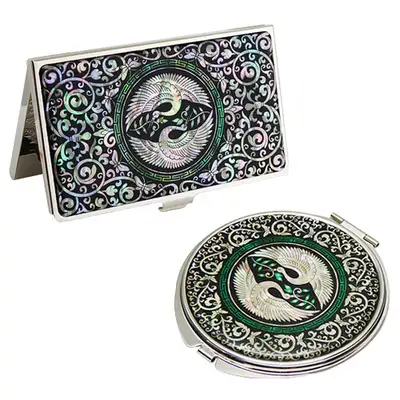 Mother-of-Pearl Mirror and Business Card Case Set - Pair of Cranes