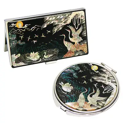 Mother-of-Pearl Hand Mirror and Business Card Case Set 2-Piece - Mandarin Ducks and Cranes