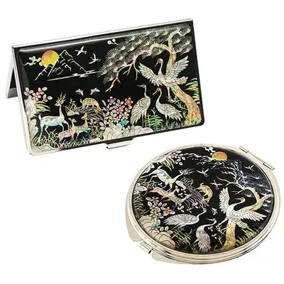 Mother-of-Pearl Mirror and Business Card Case Set - Deer and Crane