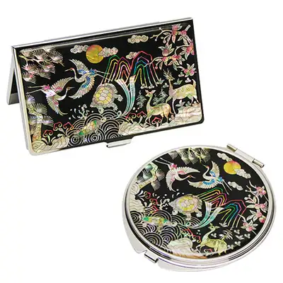Mother-of-Pearl Mirror & Business Card Case Set - Ten Symbols Pine and Crane