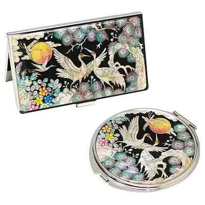 Mother-of-Pearl Mirror & Business Card Case Set 2-in-1 Royal Crane Pattern 1