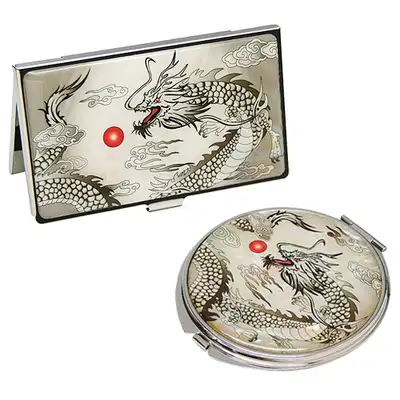 Black Dragon Mother-of-Pearl Mirror and Business Card Case Set of 2