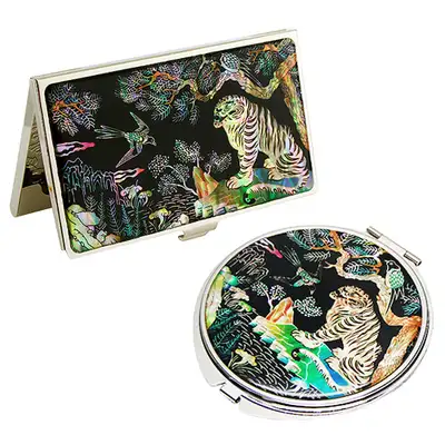 Mother-of-Pearl Hand Mirror & Business Card Case Set - Magpie & Tiger Design (2 pieces)