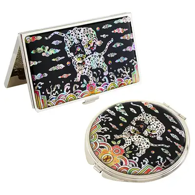 Mother-of-Pearl Mirror and Business Card Case Set - Dual Tiger Chest Badge