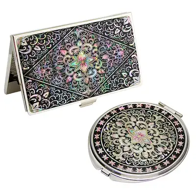 Mother-of-Pearl Mirror and Business Card Case Set - Scrolling Vine Pattern