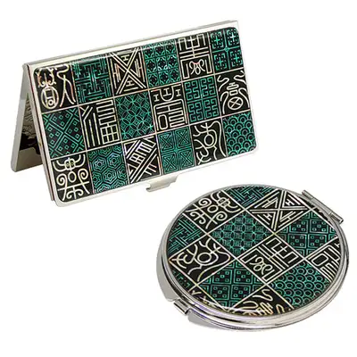 Mother-of-Pearl Mirror and Business Card Case Set (2-piece) - Lattice Window Calligraphy Design