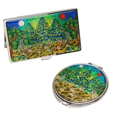 Shell Mother-of-Pearl Mirror & Business Card Case Set - Sun and Moon Design