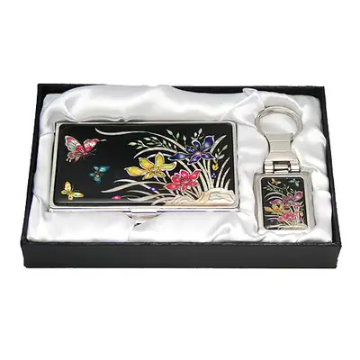 Mother-of-Pearl Business Card Case and Key Ring Set with Orchid Pattern