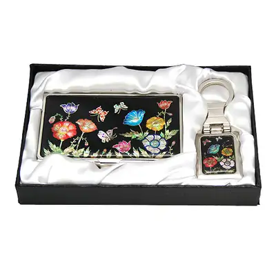 Mother-of-Pearl Business Card Case and Key Set - Peonies