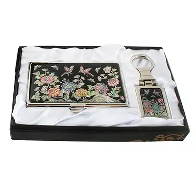 Mother-of-Pearl Business Card Case with Two Keys - Flowers and Birds